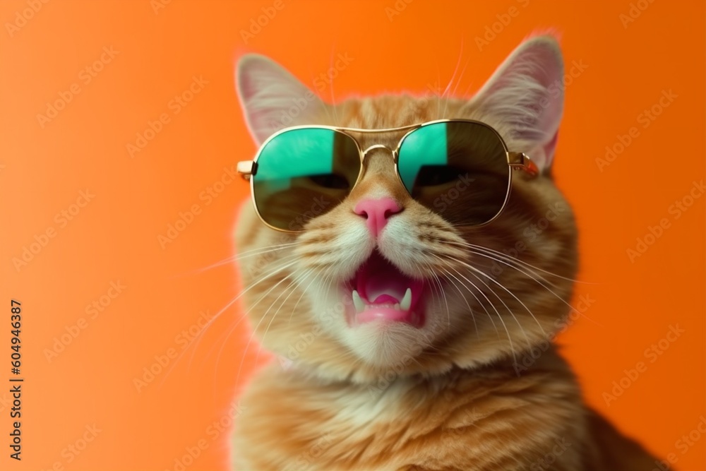 Wall mural neon animal fashion funny portrait sunglasses cute cat colourful pet. Generative AI.