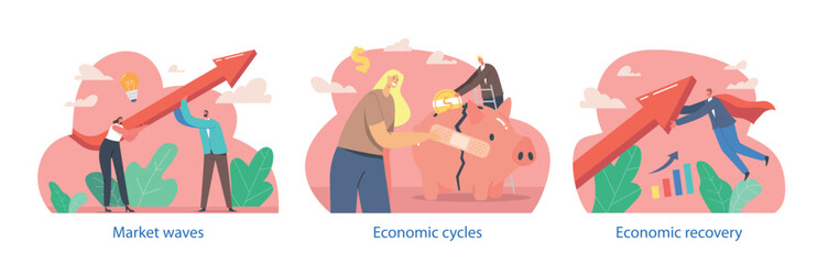 Isolated Elements With Business Characters Partaking In Economic Recovery, Regaining Stability And Growth