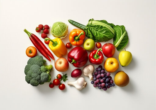 Healthy food background. Healthy vegan vegetarian food and fruits on white, copy space, AI Generated