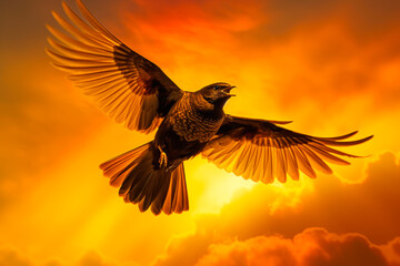 Fototapeta premium fusion of art silhouette bird on orange sky background generative ai