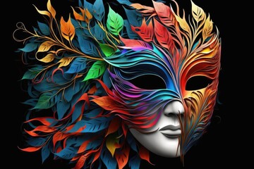 Beautiful woman with a carnival mask of colorful leaves on a black background