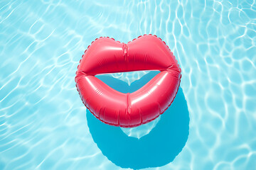 Cool red inflatable rubber lips swimming pool float. Summer vacation. Generative ai