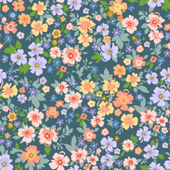 Seamless pattern. Vector flower design with cute wildflowers. Floral illustrations depicting red, yellow, light purple and blue flowers with green leaves on a dark green background.