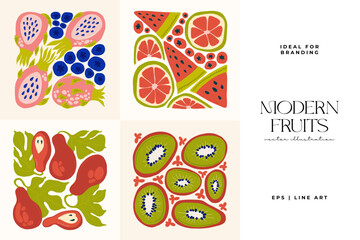 Fruits abstract elements. Food and healsy composition. Modern trendy Matisse minimal style. Fruits poster, invite. Vector arrangements for greeting card or invitation design