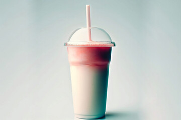 Frullato milkshake cremoso alla frutta con panna e cannuccia in bicchiere di plastica, generato dall'AI