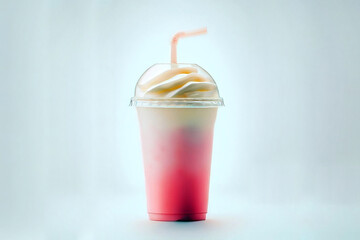 Frullato milkshake cremoso alla frutta con panna e cannuccia in bicchiere di plastica, generato dall'AI - obrazy, fototapety, plakaty