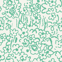 Colorful illustration of a seamless green floral pattern. Background with floral doodles in children's style, funny wallpaper with basic forms of nature.