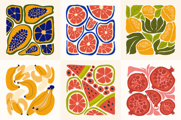 Fruits abstract elements. Food and healsy composition. Modern trendy Matisse minimal style. Fruits poster, invite. Vector arrangements for greeting card or invitation design