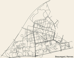 Detailed hand-drawn navigational urban street roads map of the BEAUREGARD SUB-QUARTER of the French city of RENNES, France with vivid road lines and name tag on solid background