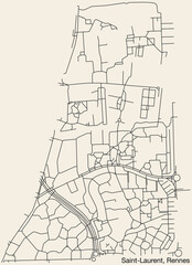 Detailed hand-drawn navigational urban street roads map of the SAINT-LAURENT SUB-QUARTER of the French city of RENNES, France with vivid road lines and name tag on solid background