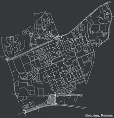 Detailed hand-drawn navigational urban street roads map of the BEAULIEU SUB-QUARTER of the French city of RENNES, France with vivid road lines and name tag on solid background