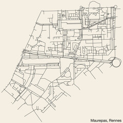 Detailed hand-drawn navigational urban street roads map of the MAUREPAS SUB-QUARTER of the French city of RENNES, France with vivid road lines and name tag on solid background