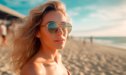 Generative Ai. a beautiful young lady wearing sunglasses on the beach