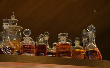 bottles of spirits in a luxury bar. detail.