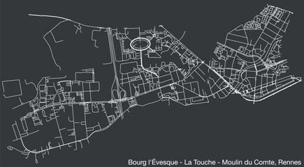 Detailed hand-drawn navigational urban street roads map of the BOURG-L'ÉVESQUE - LA TOUCHE - MOULIN DU COMTE SUB-QUARTER of the French city of RENNES, France with vivid road lines and name tag on soli - obrazy, fototapety, plakaty