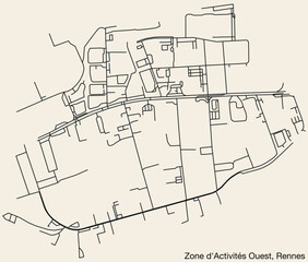 Detailed hand-drawn navigational urban street roads map of the ZONE D'ACTIVITÉS OUEST SUB-QUARTER of the French city of RENNES, France with vivid road lines and name tag on solid background