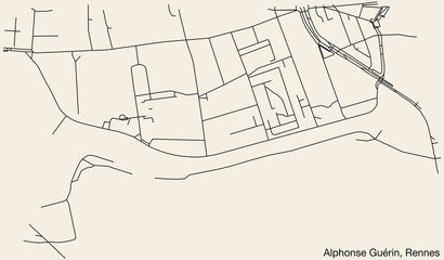 Detailed hand-drawn navigational urban street roads map of the ALPHONSE GUÉRIN SUB-QUARTER of the French city of RENNES, France with vivid road lines and name tag on solid background