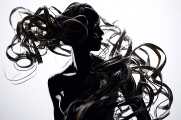 woman silhouette with chaotic abstract hair lines generative ai
