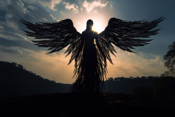 dark silhouette of an angel with wings. generative ai