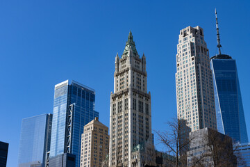 Fototapeta na wymiar Lower Manhattan Skyscrapers with a Clear Blue Sky in New York City