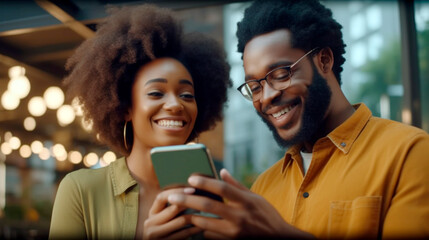 Generative Ai. a man and woman smiling while looking at their cell phones