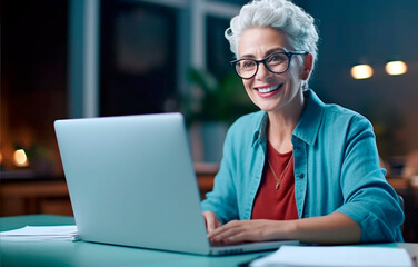 Generative Ai. a woman in glasses sitting at a table with a laptop