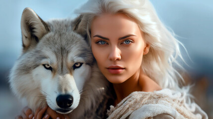 Generative Ai. a woman with white hair and a white wolf