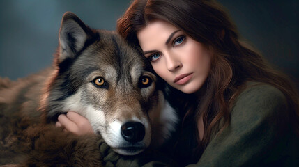 Generative Ai. a woman is holding a wolf in her arms