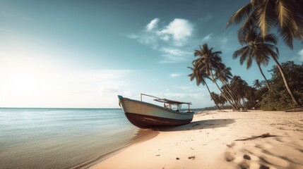 Fototapeta na wymiar Boat on the beach in the water under palms. Generative AI