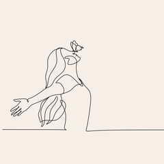 Freedom woman line art. Woman with butterfly. Abstract girl with butterfly by one line vector drawing. Portrait minimalistic style. Relax relaxing illustration