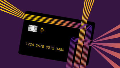The design elements that decorate a generic credit card or debit card flow off the card in an interesting 3-d illustration about finances and business and shopping