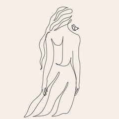 Free woman line art. Continuous line art woman stretching arms is relaxing vector illustration. Relax concept
