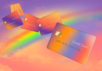 This is a 3-d  illustration about credit cards, bank cards, finances and business. Here is a realistic mock credit card or debit card on a rainbow background..
