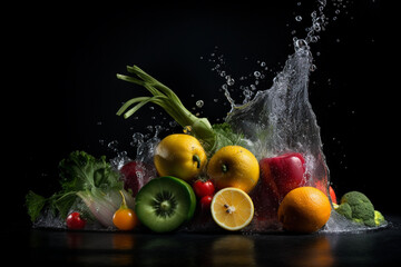 Fototapeta na wymiar black background with assortment of fresh vegetables fruits and water splashe