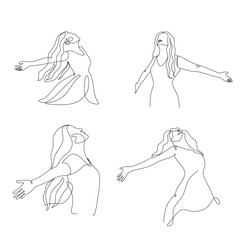 Freedom woman line art. Woman with butterfly. Abstract girl with butterfly by one line vector drawing. Portrait minimalistic style. Relax relaxing illustration