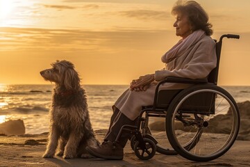 Senior woman in the wheelchair enjoying the view on the beach with her dog from her room. Created with generative AI