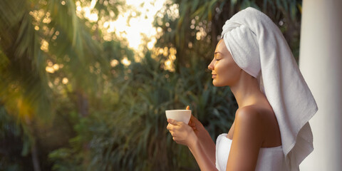 Good Morning of Woman With a Cup of Coffee After Shower on Terrace