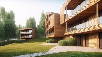 Fototapeta na wymiar Modern architectural home in eco-city concept, featuring beautiful wood structure harmoniously blending with nature. Created by AI.