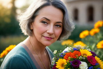 Naklejka premium Portrait of a woman with bouquet of flowers in a garden. Generative AI.