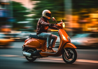 Guy in helmet while riding a scooter rides around the city, AI Generated - obrazy, fototapety, plakaty