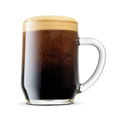 Glass stein glass of fresh dark stout beer with cap of foam isolated. Transparent PNG image.