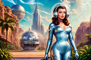 Portrait of a beautiful woman in a polished aluminum suit as an astronaut in the retro futurism style of the 50s. Generative AI.
