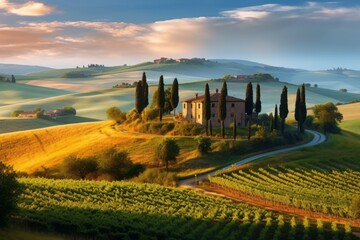 Fototapeta premium A serene image of the Tuscan countryside, with rolling hills, vineyards, and cypress trees, depicting the tranquility and beauty of the region. Generative Ai