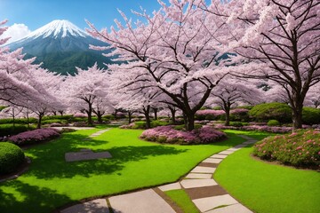 Fototapeta premium Sakura blossoms in japanese style ornamental garden, beautiful landscape. Generative AI.