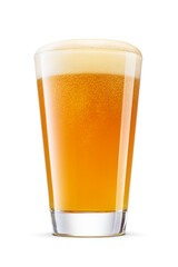 Shaker pint of fresh yellow wheat unfiltered beer with cap of foam isolated. Transparent PNG image.