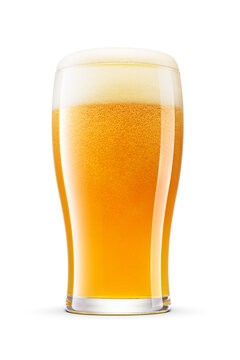 Tulip pint glass of fresh yellow wheat unfiltered beer with cap of foam isolated. Transparent PNG image.