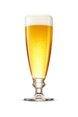 Flute glass of fresh yellow beer with cap of foam isolated. Transparent PNG image.
