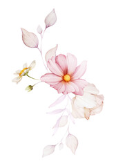 Fototapeta na wymiar Bouquet of flowers on a white background. Watercolor illustration for greeting card