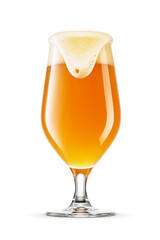 Pokal glass of fresh yellow wheat unfiltered beer with cap of foam isolated. Overflowing....