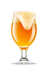 Snifter glass of fresh yellow wheat unfiltered beer with cap of foam isolated. Overflowing....